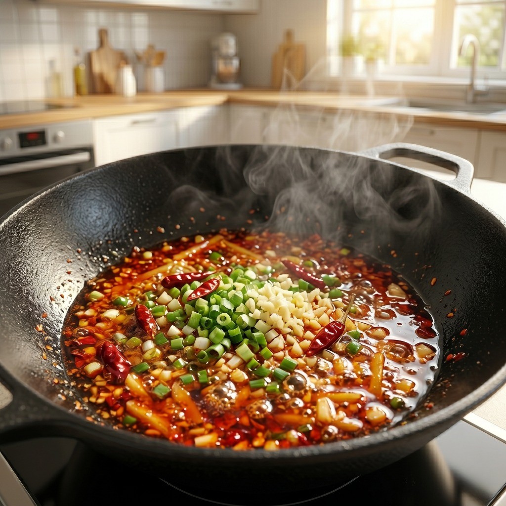 매콤 감자채 볶음 레시피 5단계: 미지근한 고추기름에 파, 마늘, 양념을 볶는 모습