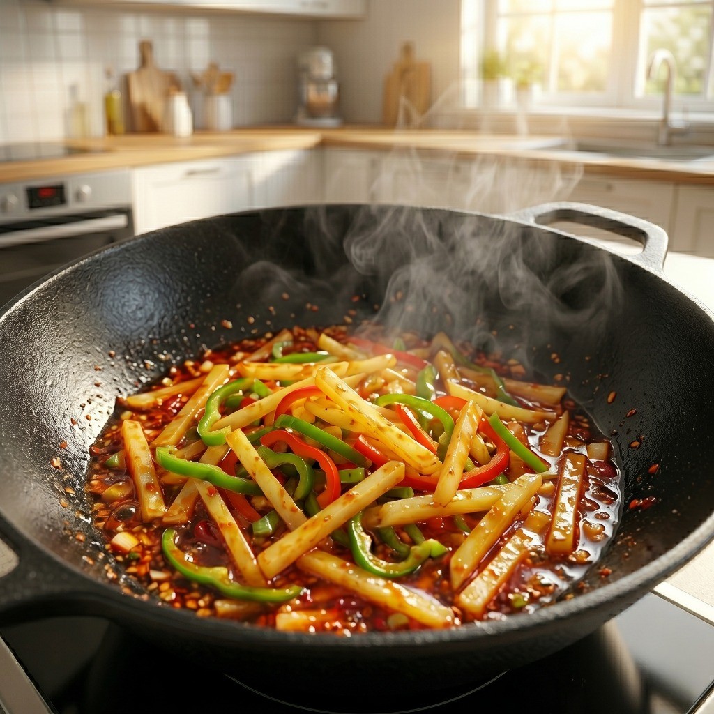 매콤 감자채 볶음 레시피 6단계: 감자채를 넣고 양념과 함께 센 불에 볶아내는 모습