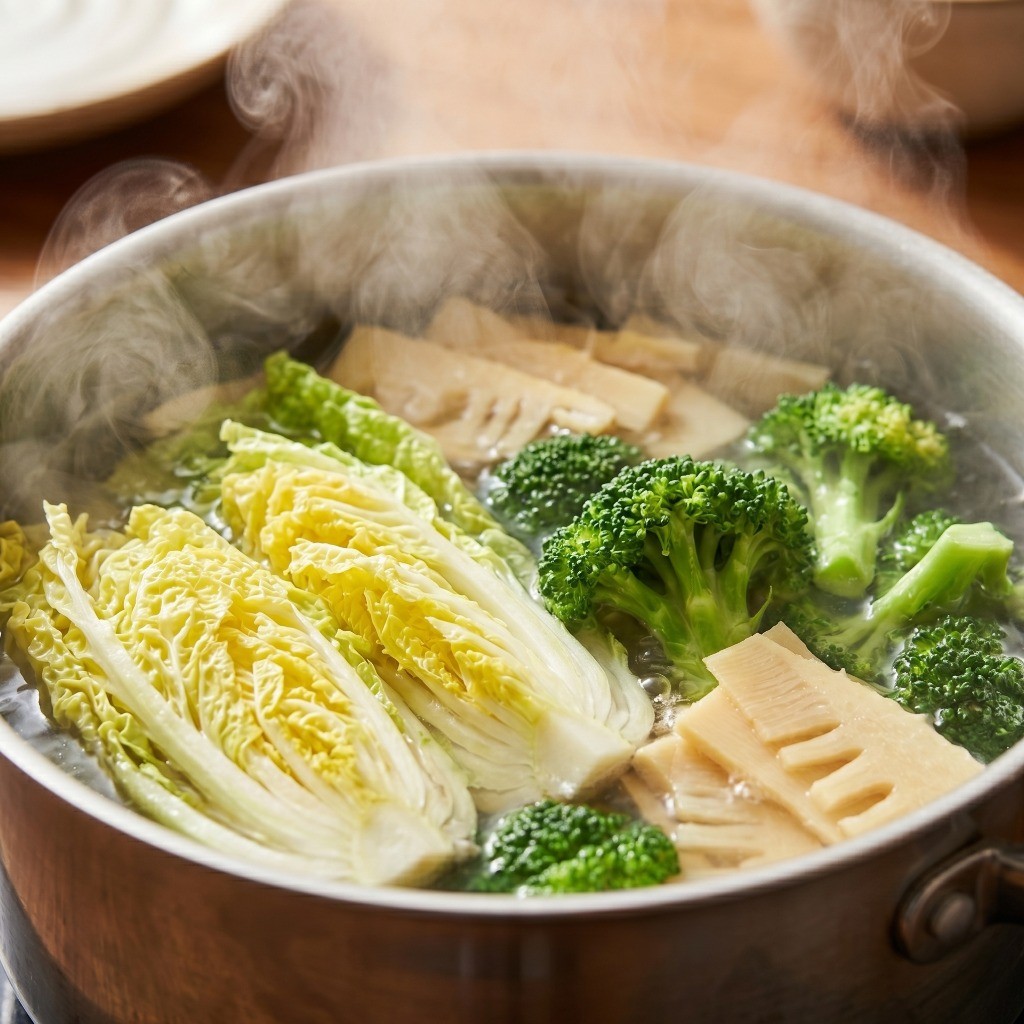 이연복 가상두부 레시피 2단계: 알배기 배추, 브로콜리, 죽순을 끓는 물에 데쳐 아삭한 식감을 살리는 과정