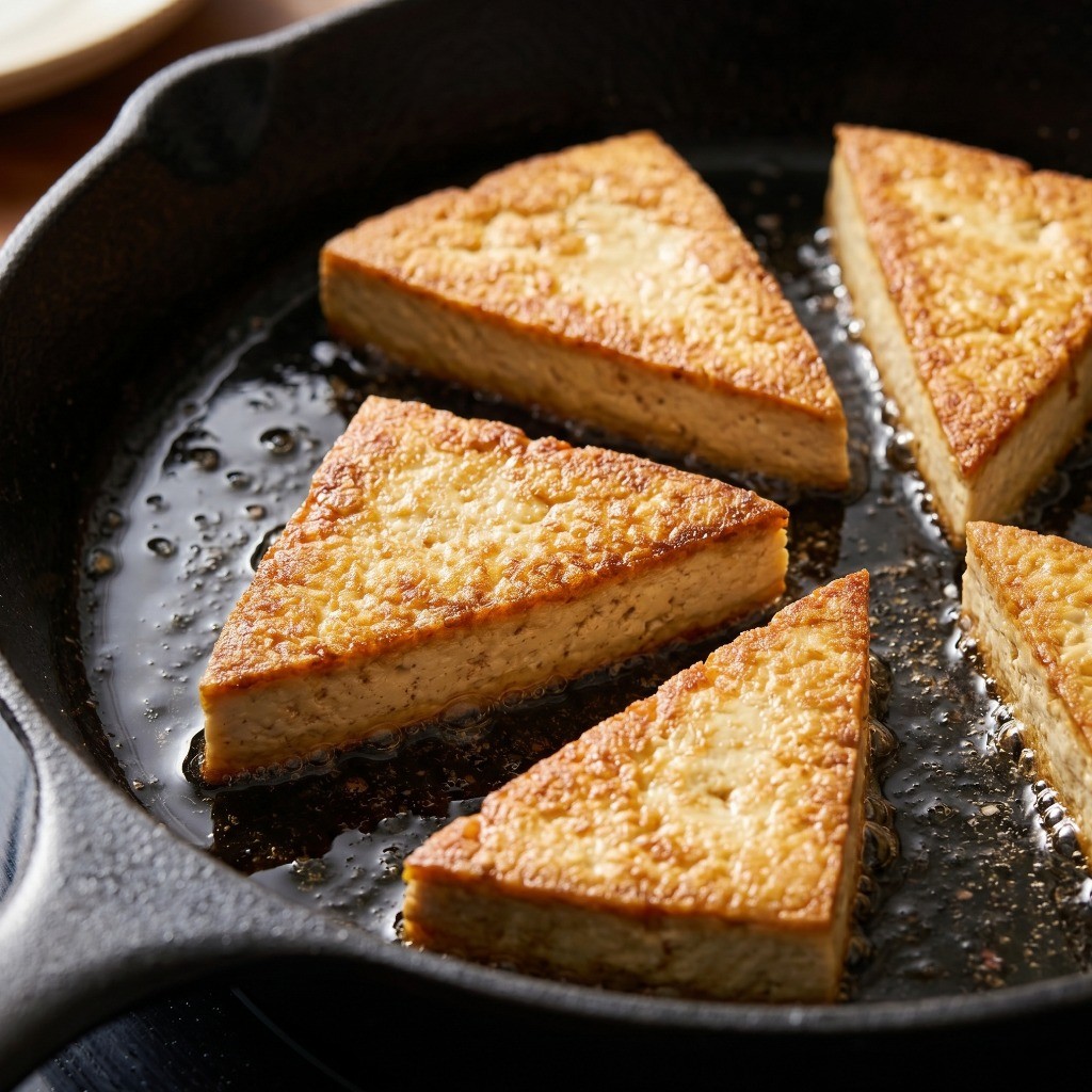 이연복 가상두부 레시피 3단계: 프라이팬에 기름을 두르고 수분을 뺀 두부를 노릇하고 쫄깃하게 굽는 모습