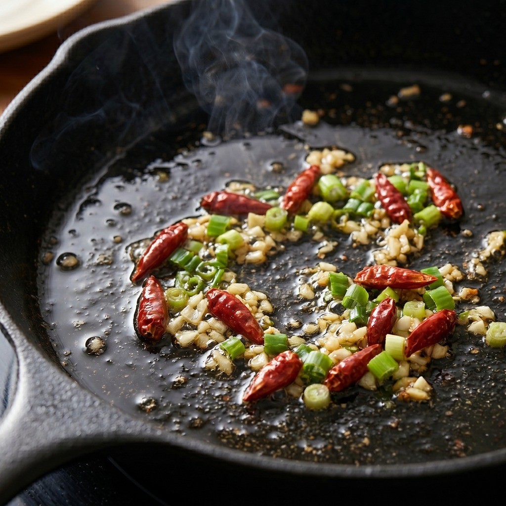 이연복 가상두부 레시피 4단계: 베트남 쥐똥고추, 대파, 다진마늘을 기름에 볶아 매콤하고 향긋한 파기름 내기