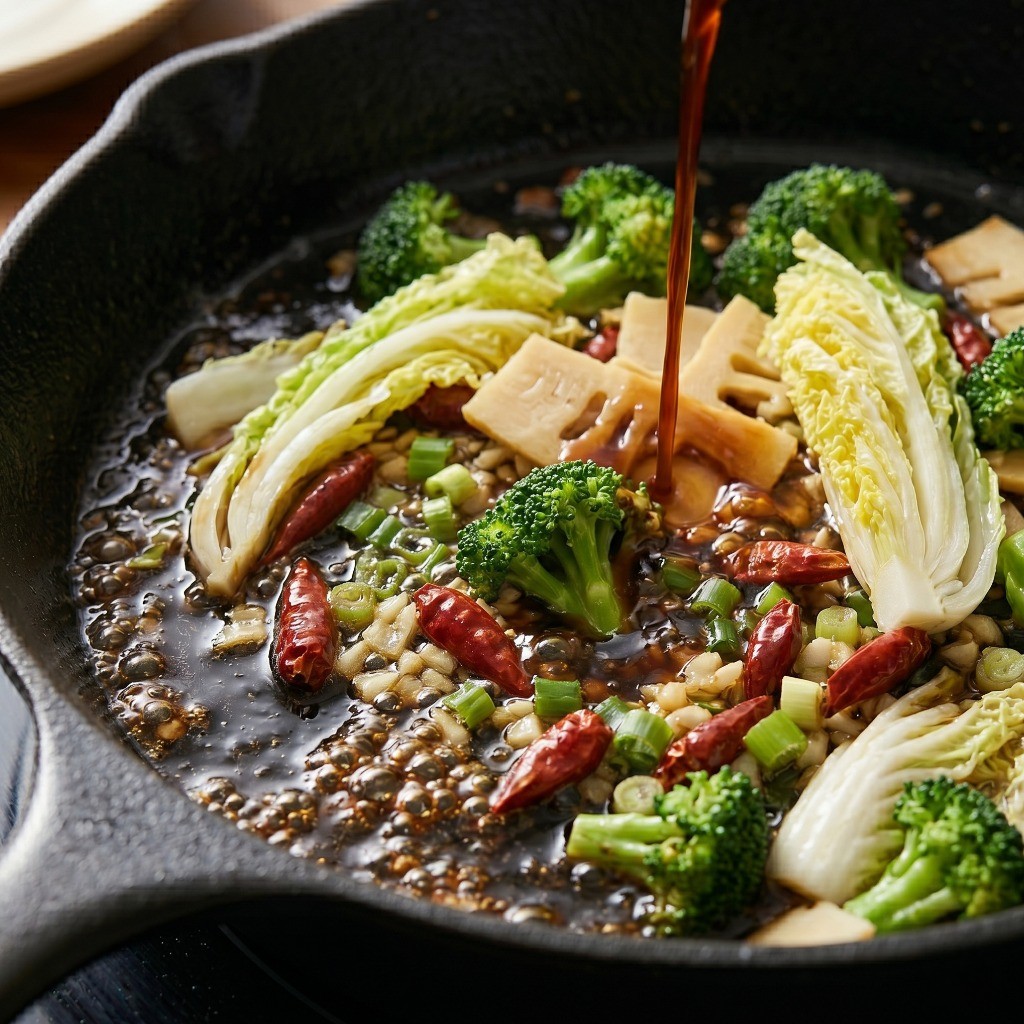 이연복 가상두부 레시피 5단계: 데친 채소를 볶은 뒤 해선간장과 굴소스를 추가해 감칠맛 나는 가상두부 양념 소스 끓이기