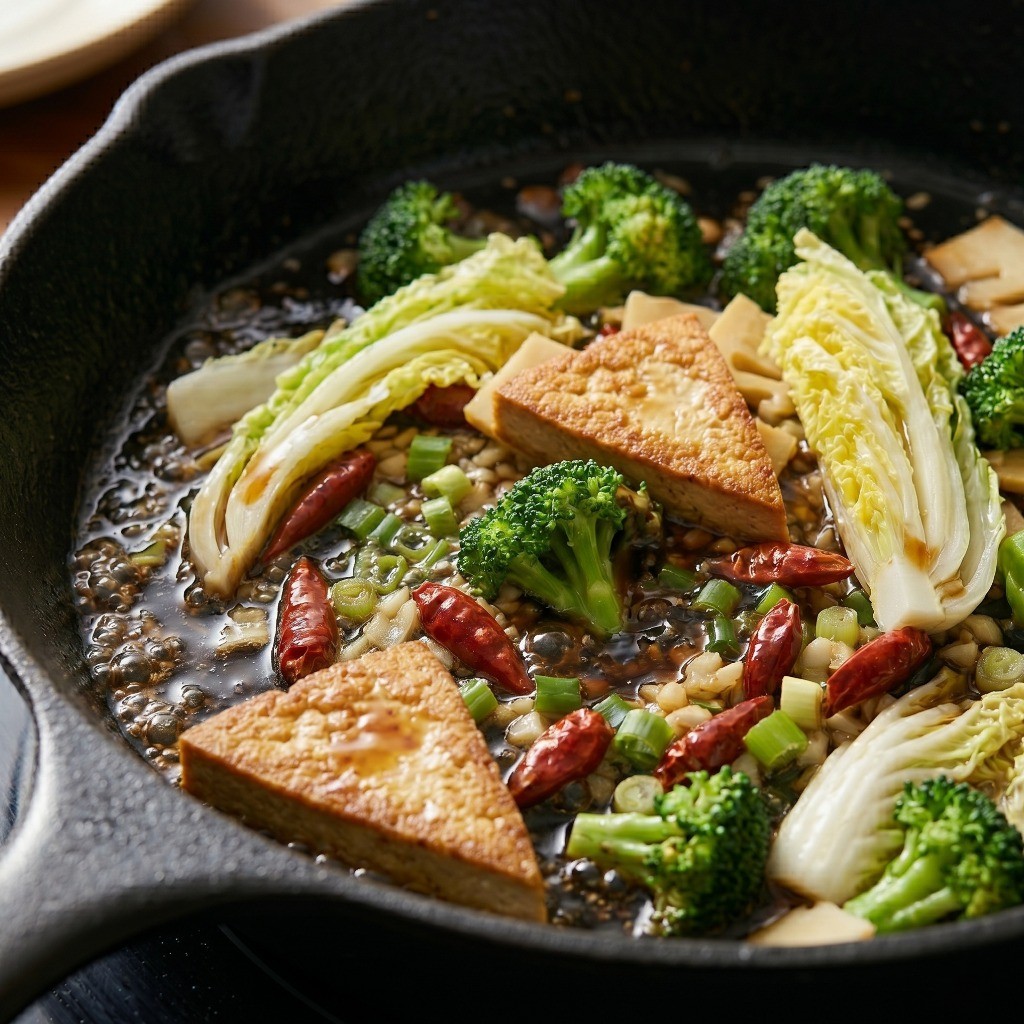 이연복 가상두부 레시피 6단계: 구운 두부를 소스에 깊게 졸인 후 참기름과 후춧가루로 윤기 나게 마무리하는 모습