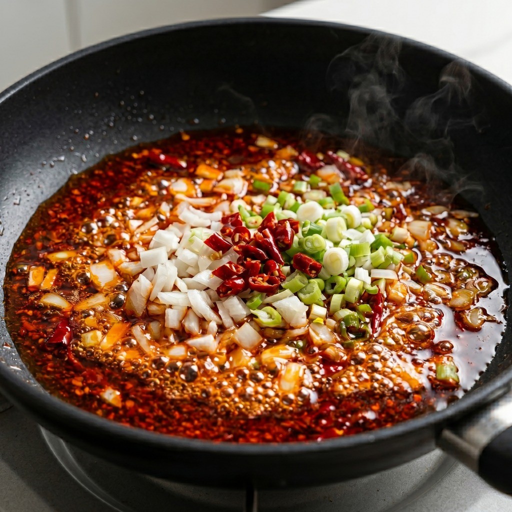 고추기름에 쥐똥고추와 향신 채소를 볶아 매운 향을 내는 과정