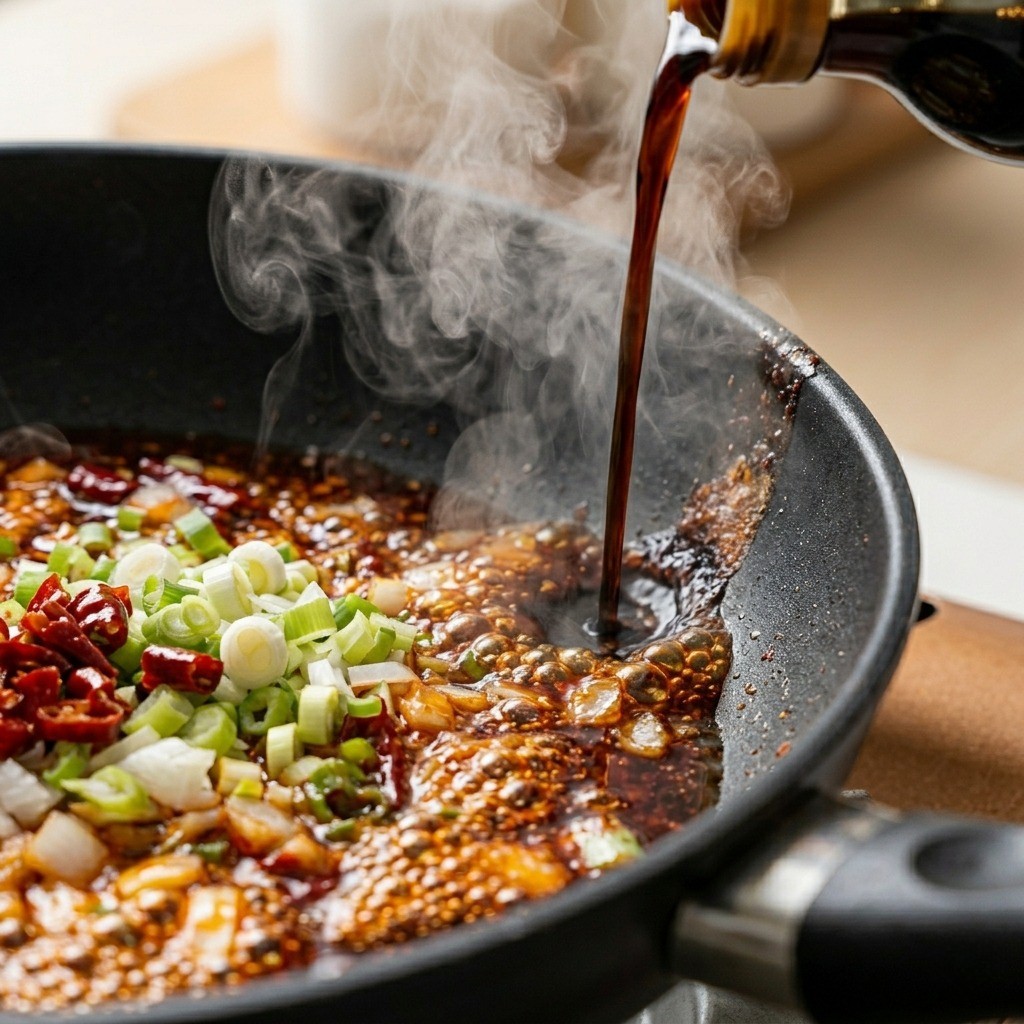 양조간장을 눌여서 소스에 깊은 불향을 입히는 모습