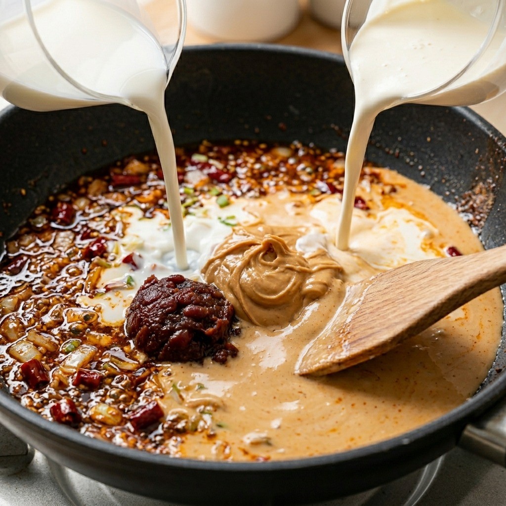 우유와 땅콩버터 두반장을 섞어 부드러운 탄탄면 크림 소스 만드는 과정