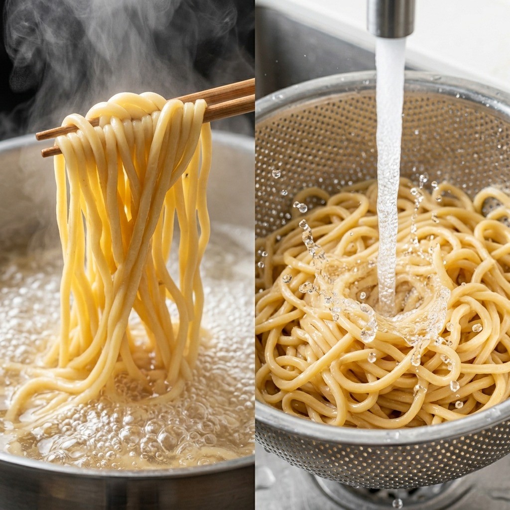 쫄깃하게 삶은 중화면을 찬물에 헹궈 준비하는 모습