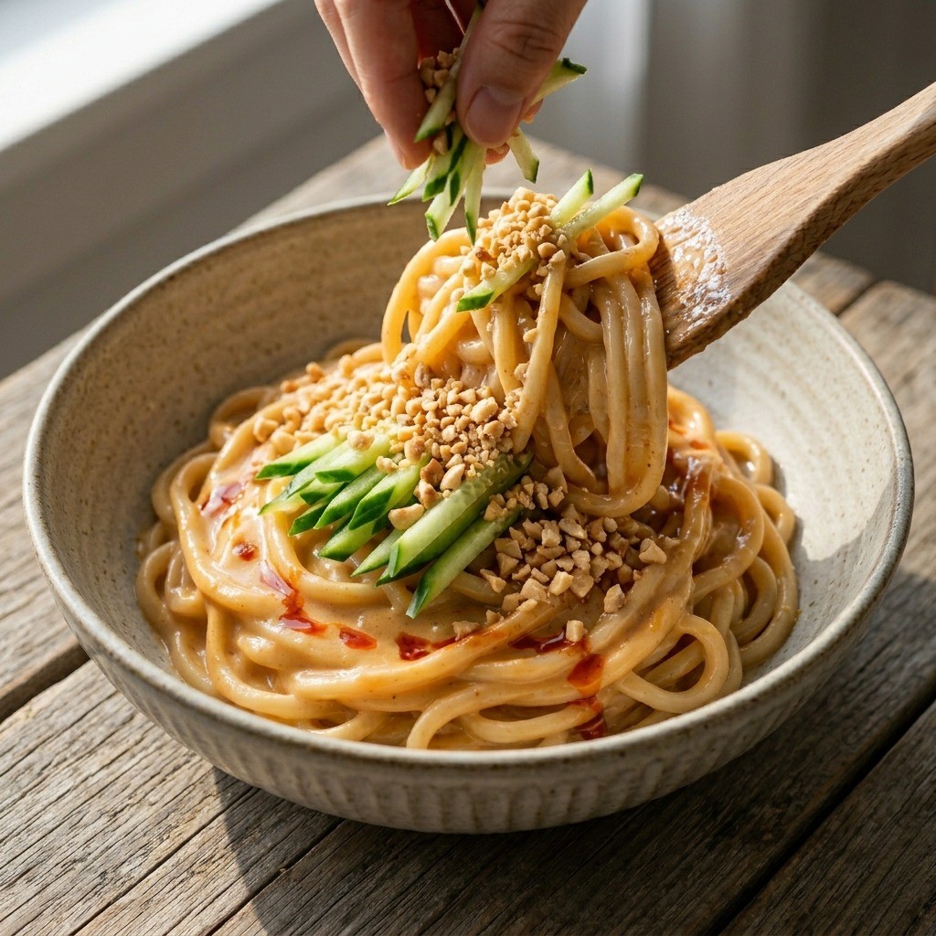 완성된 크림 탄탄 비빔면에 오이와 땅콩 고명을 올려 플레이팅한 모습