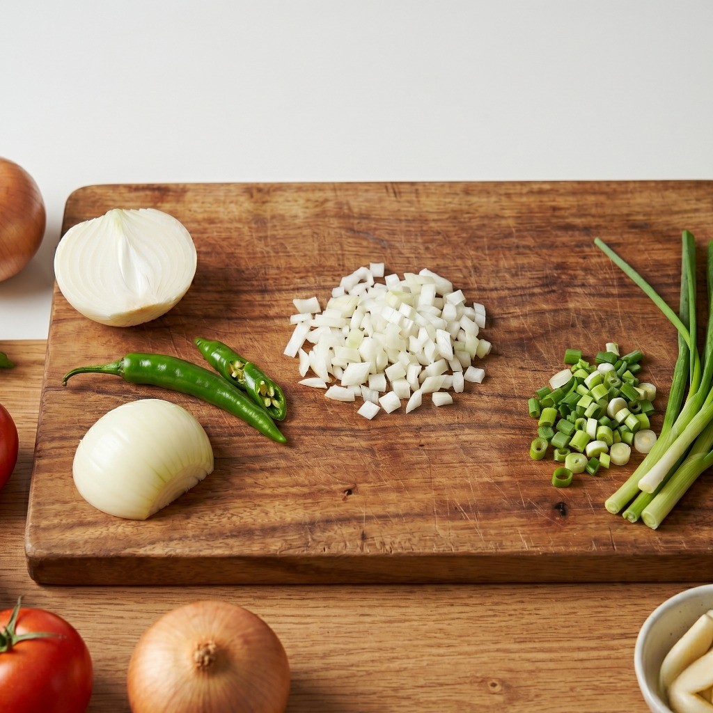 순두부 계란 조림 재료 손질: 양파와 청양고추를 잘게 다지는 모습