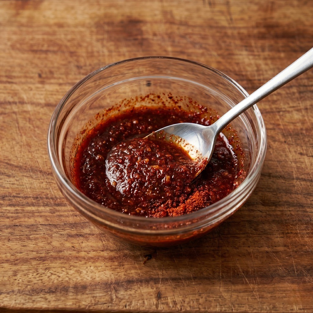 순두부 조림 황금 양념장 만들기: 고추장, 고춧가루, 간마늘 등을 섞는 모습