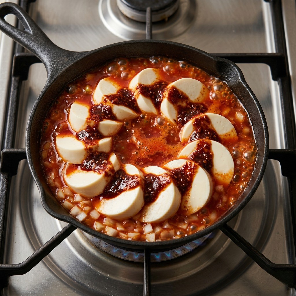 팬에 다진 양파와 순두부를 깔고 매콤한 양념장을 부어 세팅한 모습