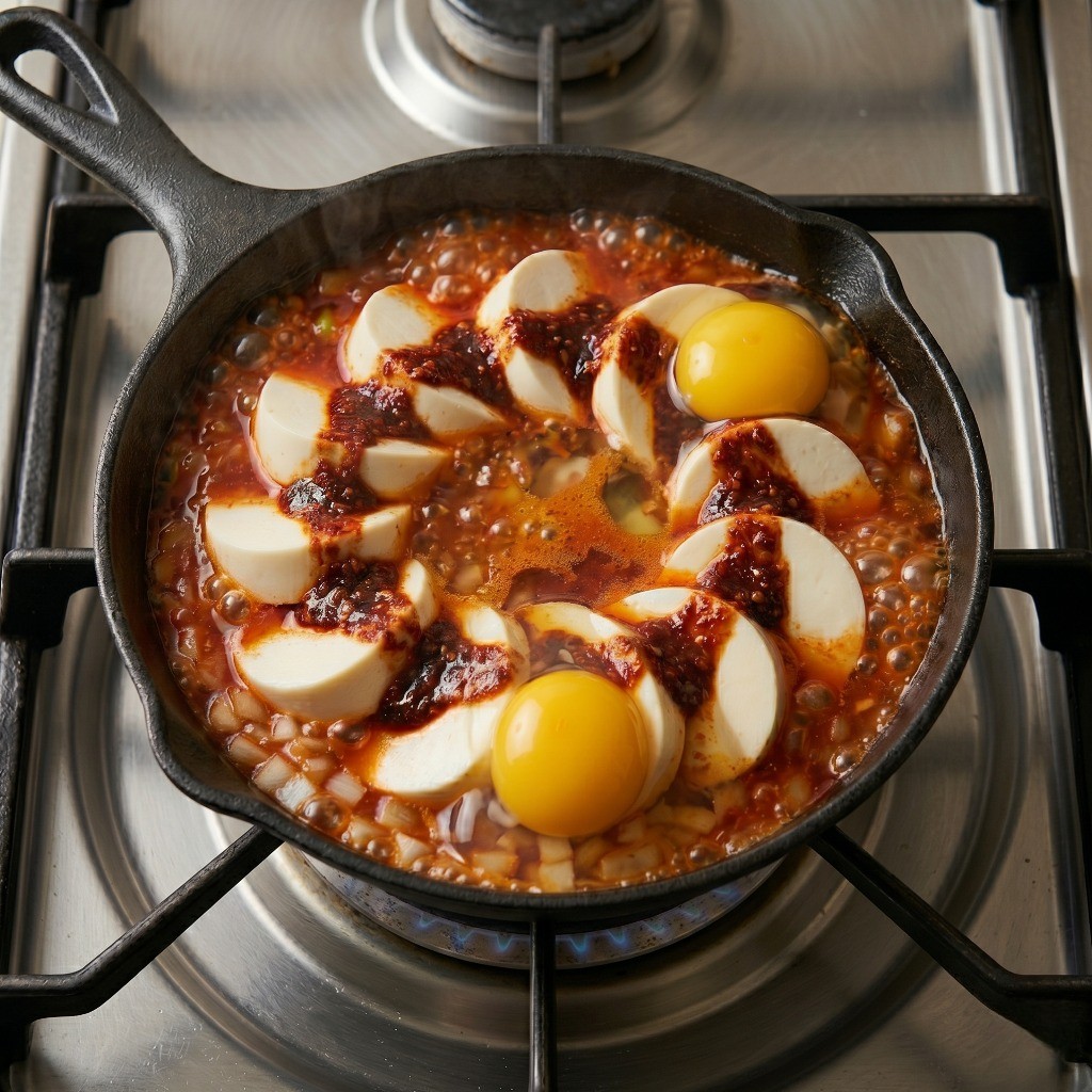 강불에서 끓는 순두부 조림에 신선한 계란 4개를 넣고 졸이는 조리 과정