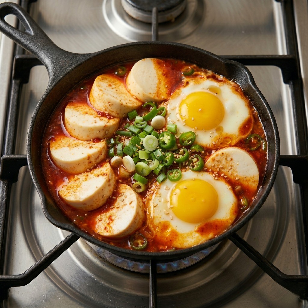 완성된 순두부 계란 조림에 대파 고명과 참기름을 더해 마무리하는 모습