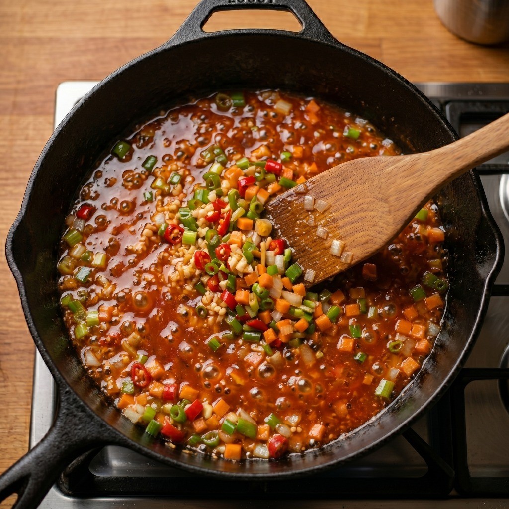 볶은 채소에 토마토케첩, 물, 굴소스, 설탕을 넣어 이연복 비법 칠리소스를 끓이는 장면