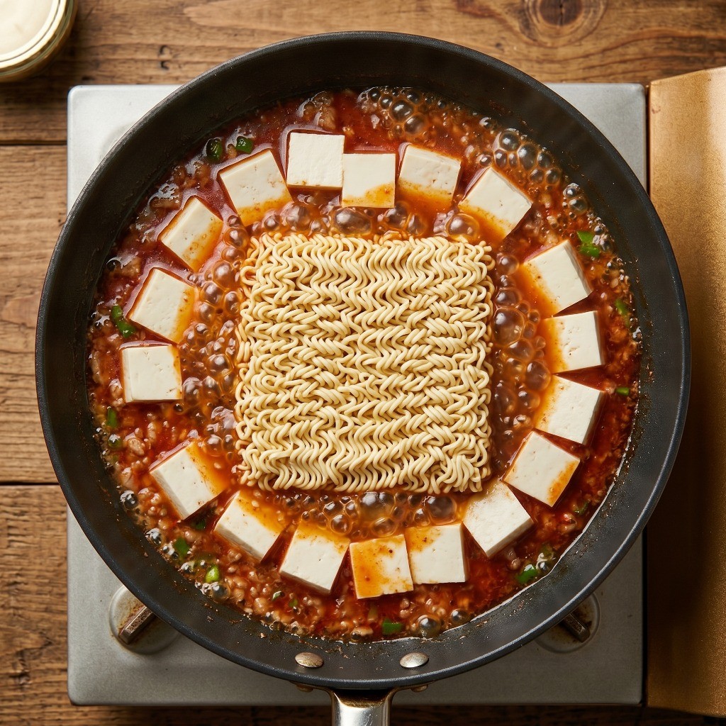 이연복 마파두부 라면 만들기 3단계: 끓는 국물에 라면 사리와 찌개용 두부를 넣는 조리 과정