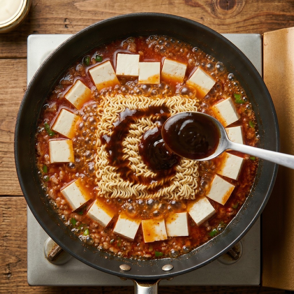 이연복 마파두부 라면 4단계: 감칠맛을 내는 굴소스 1스푼을 추가하는 모습