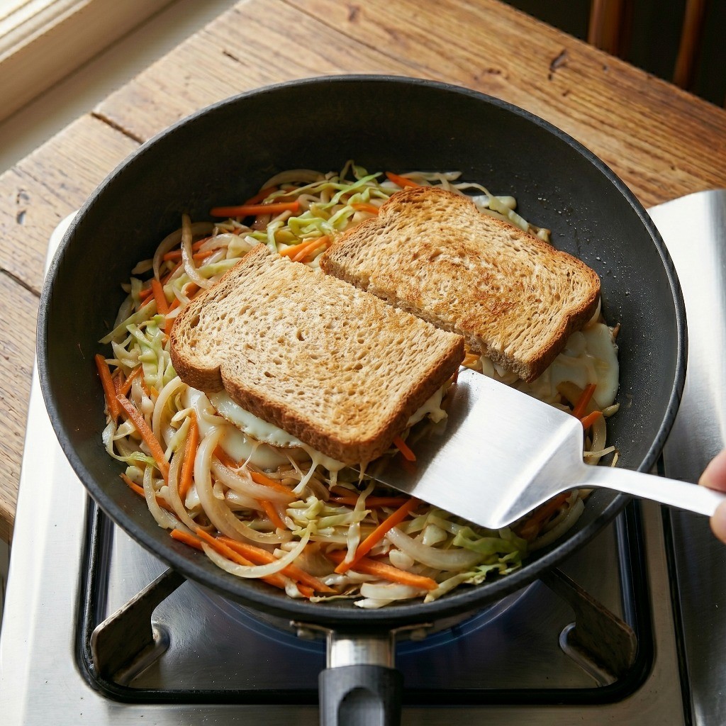 반숙 계란과 치즈가 녹아든 양배추 볶음 위에 식빵을 덮고 노릇하게 구워낸 이연복 양배추 샌드위치 완성 모습