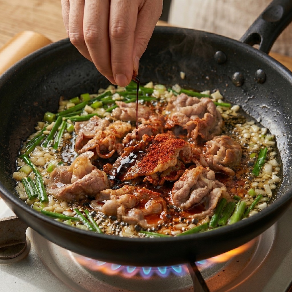 돼지고기 볶음에 간장과 고춧가루를 넣어 볶음짬뽕 불맛과 고추기름을 내는 모습