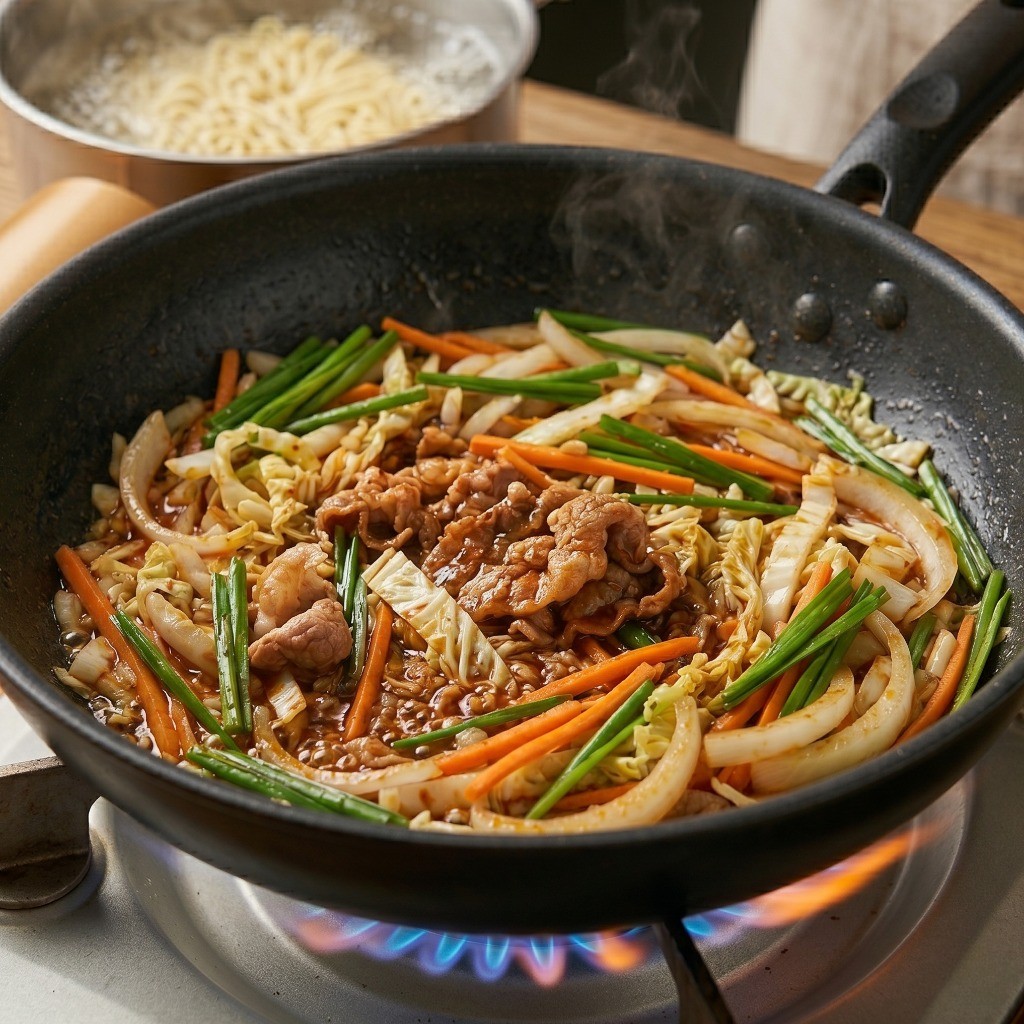 프라이팬에 채소를 볶으면서 동시에 라면 면을 끓는 물에 삶는 조리 과정