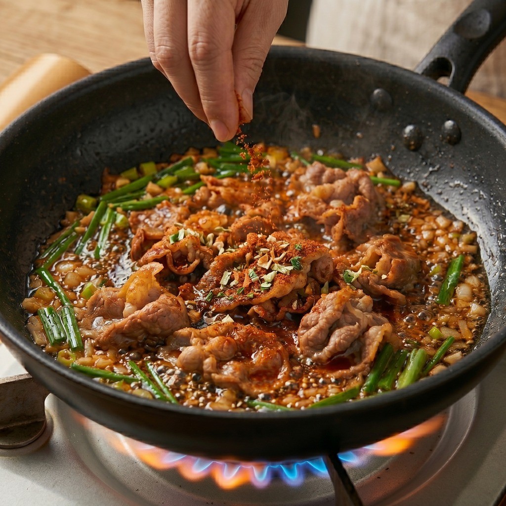 볶아진 볶음짬뽕 채소에 매운맛 라면 건더기 스프를 추가하는 모습