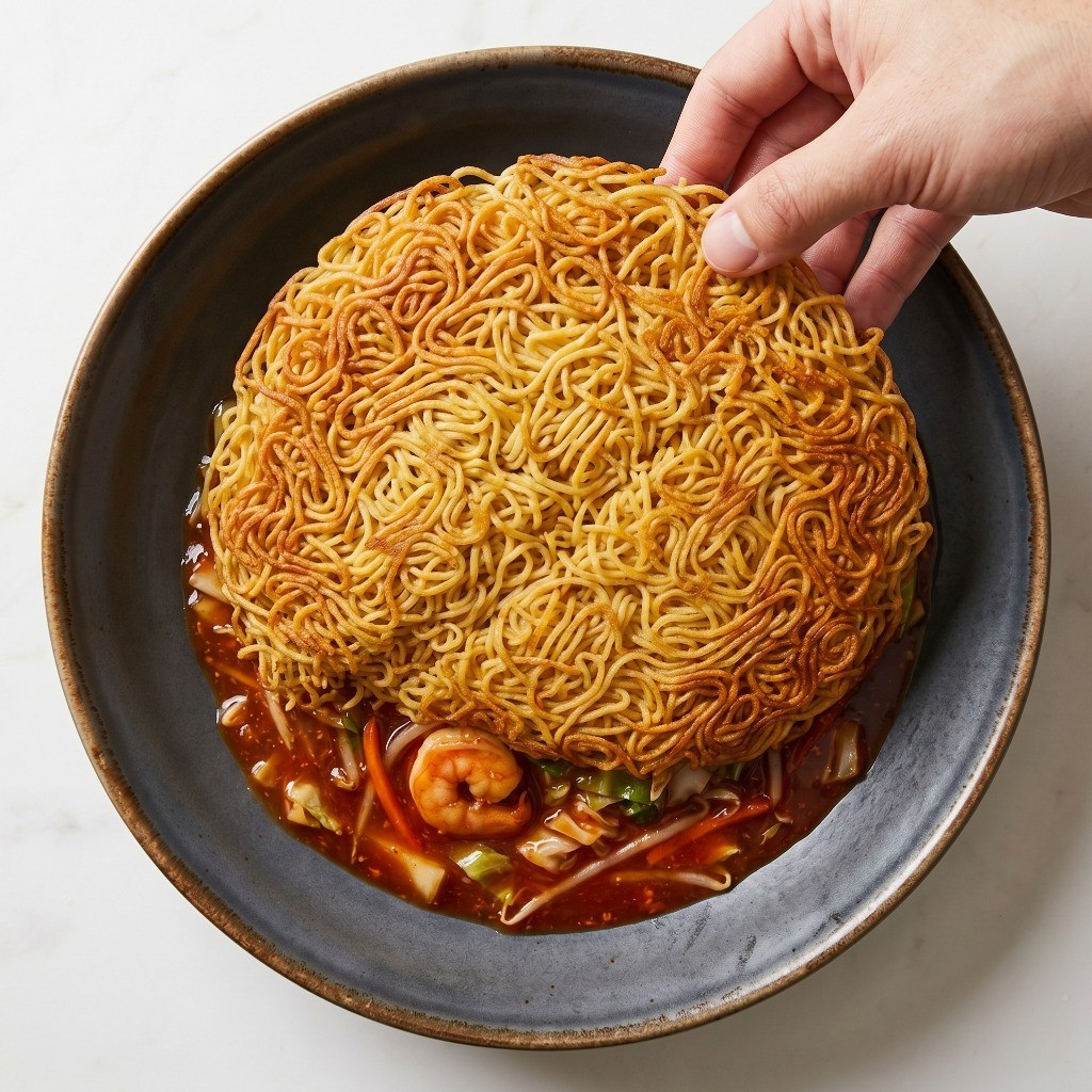 걸쭉한 해물 소스 위에 바삭하게 구운 라면 면을 덮어 완성한 이연복 크리스피 중화라면 플레이팅