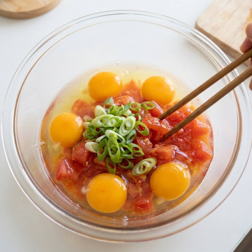 토마토 계란 볶음(토달볶음) 레시피 3단계: 볼에 달걀, 토마토, 파, 치킨스톡을 넣고 섞어 계란물 만들기