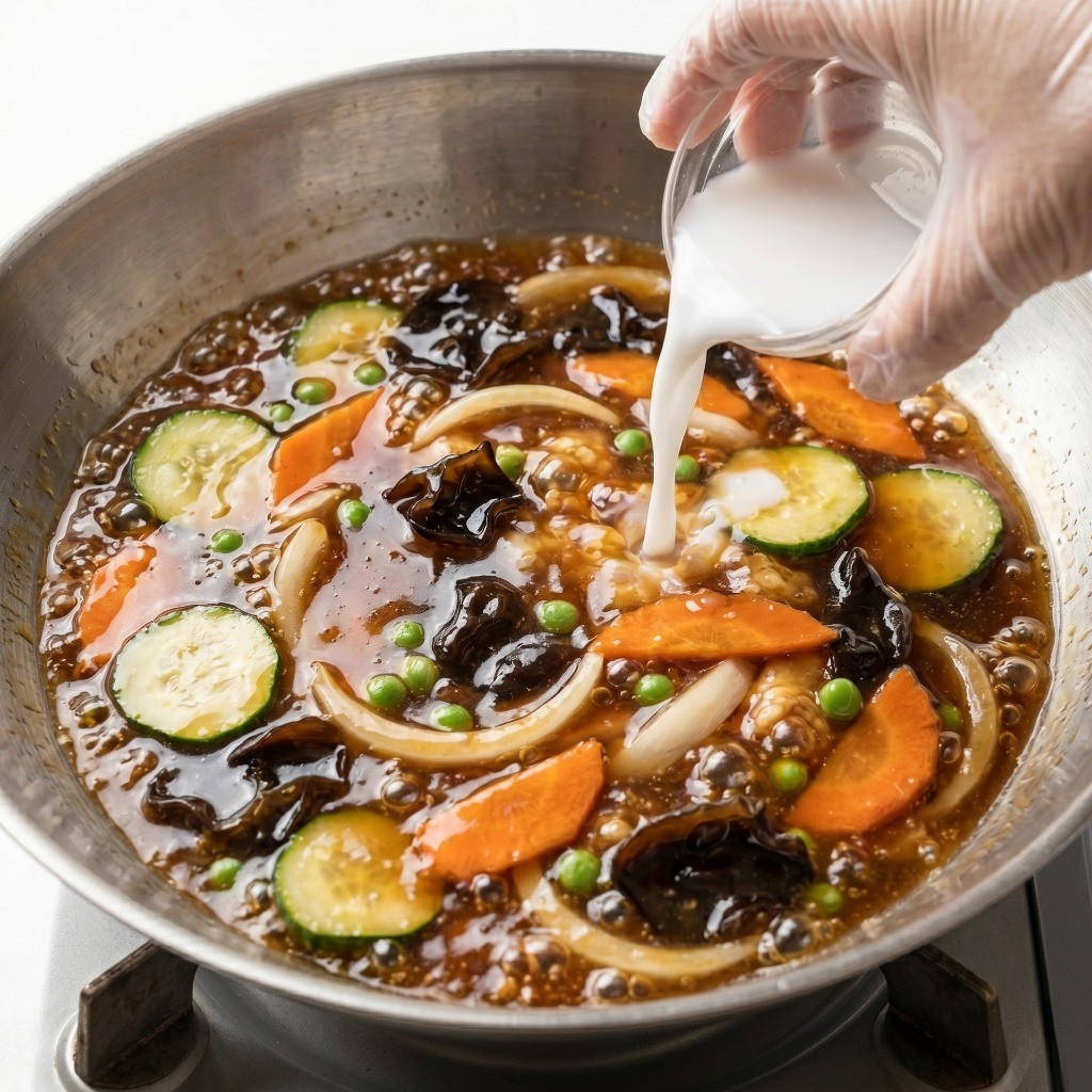 탕수육 소스 끓이고 농도 맞추기 - 끓는 소스에 각종 채소를 넣고 물전분으로 걸쭉하게 농도를 맞추는 조리 과정
