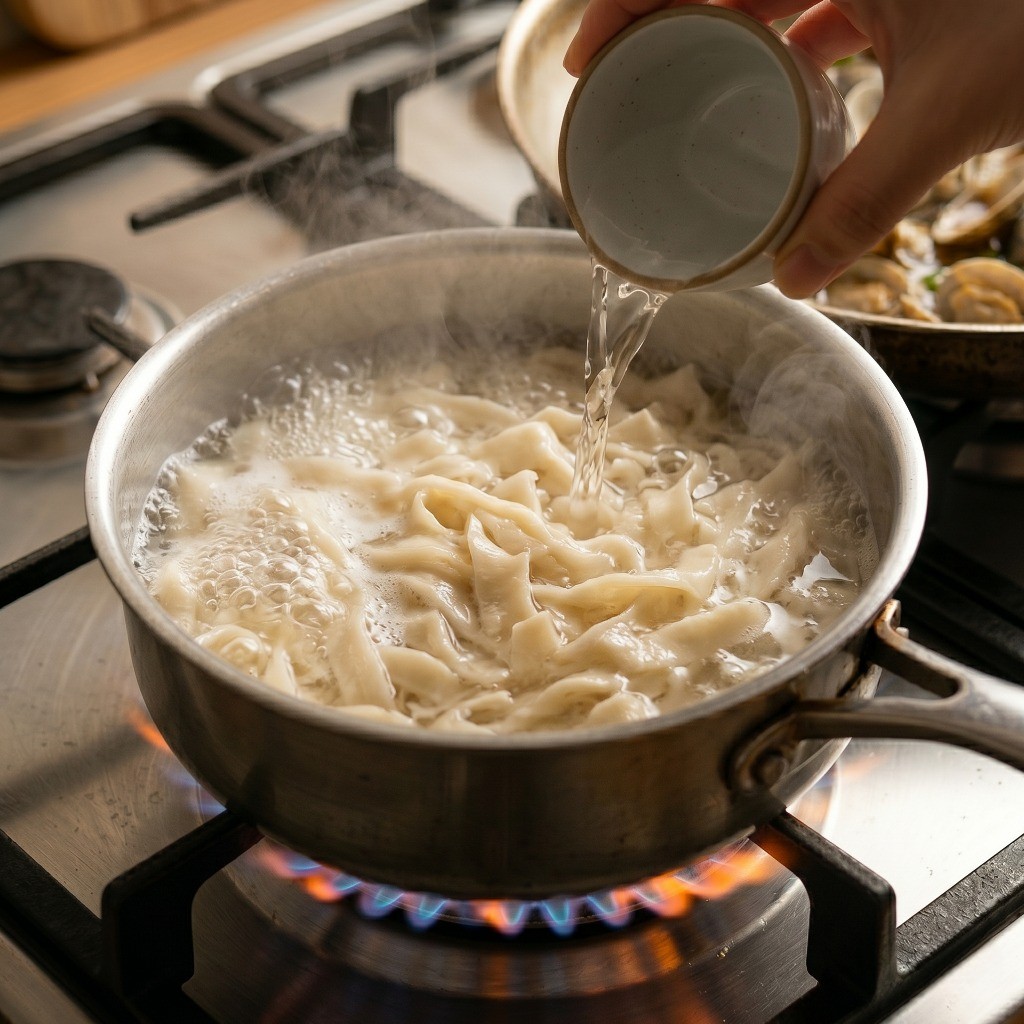 도삭면을 끓는 물에 쫄깃하게 삶으며 찬물을 부어주는 과정