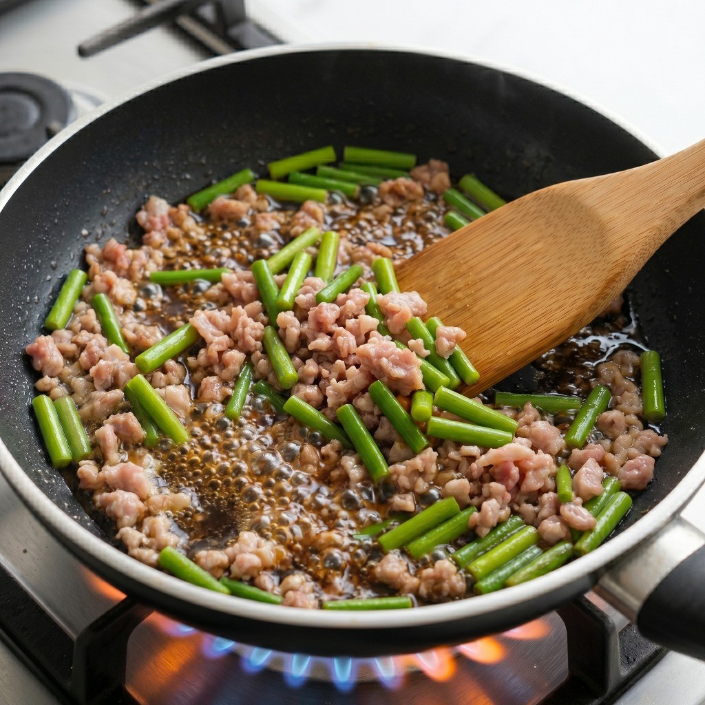 마늘쫑 볶음밥 양념: 해선간장과 물을 넣고 바짝 졸여 감칠맛을 더하는 과정