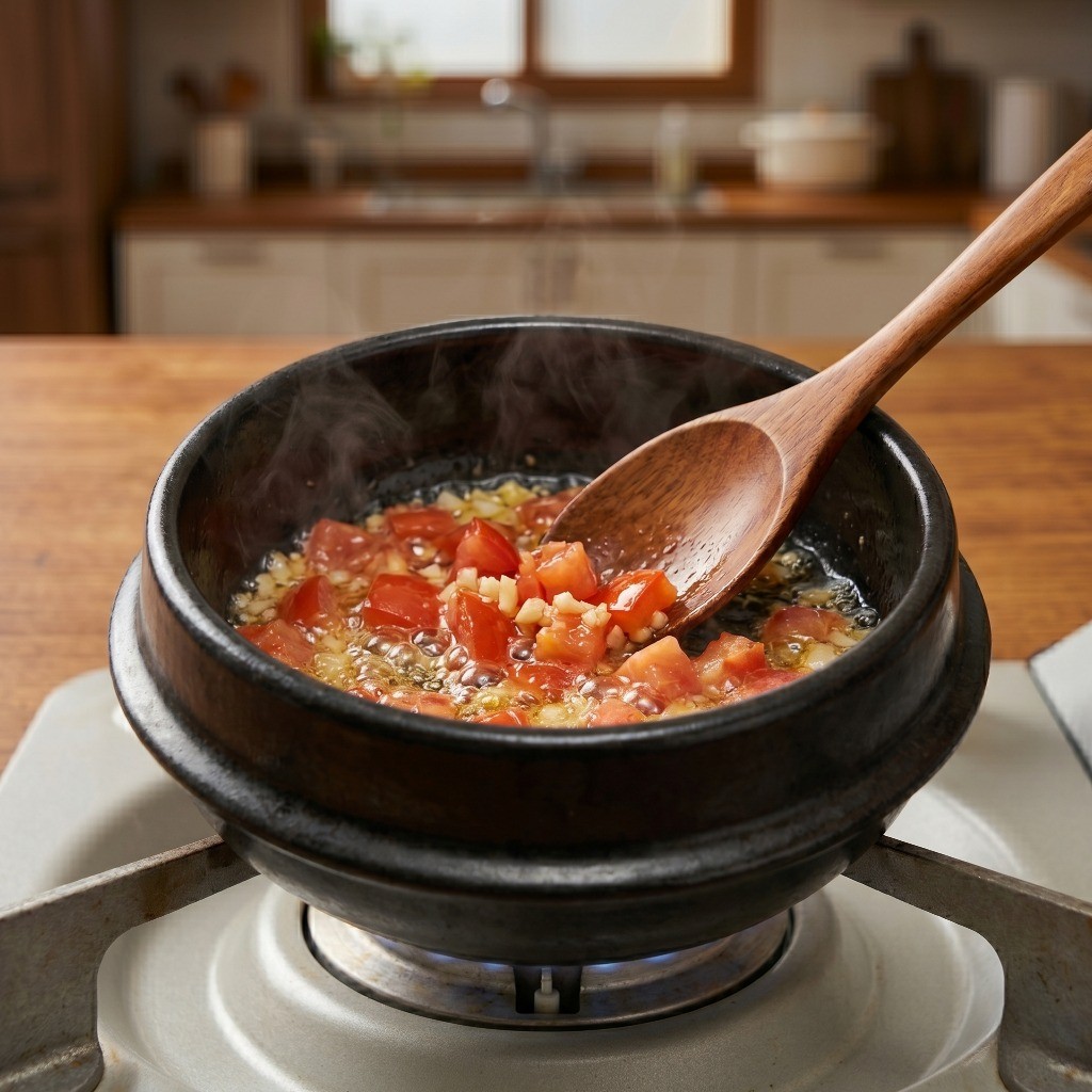 뚝배기 계란찜 만들기 3단계: 달궈진 뚝배기에 들기름과 간마늘, 토마토 볶기