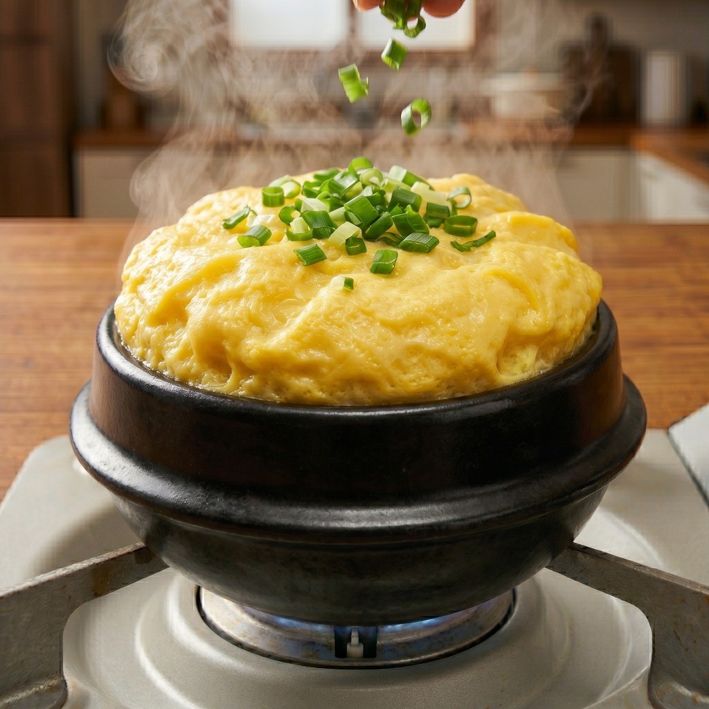 뚝배기 폭탄 계란찜 완성: 부풀어 오른 계란찜 위에 쪽파 고명을 얹은 먹음직스러운 모습