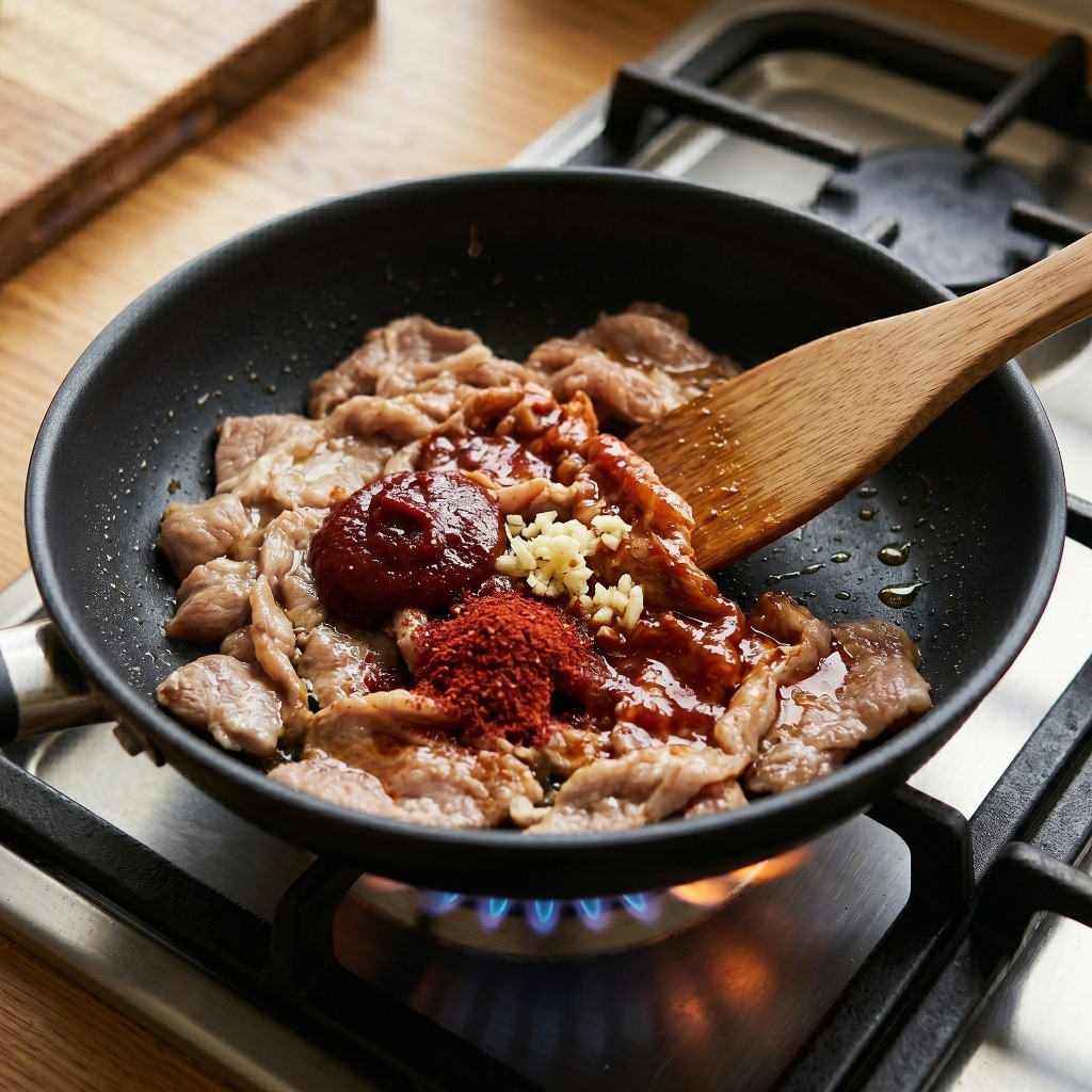 돼지고기에 고춧가루, 다진 마늘 등 제육볶음 양념 넣고 바로 볶기