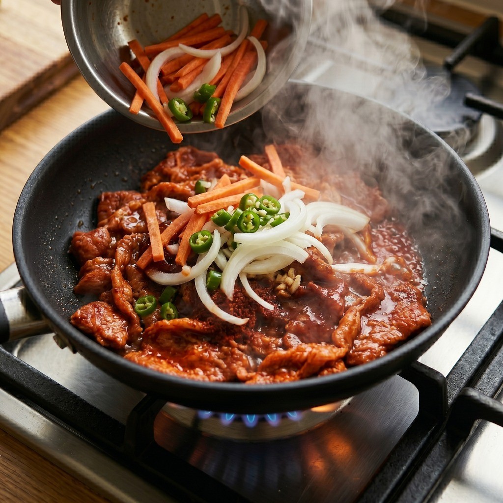 반쯤 익은 돼지고기에 손질한 채소를 넣고 수분이 나올 때까지 함께 볶기