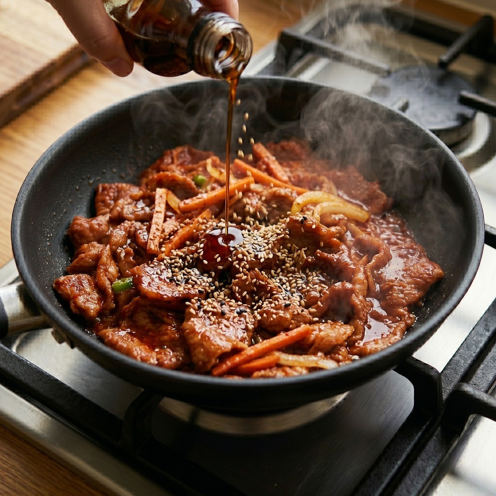 완성된 제육볶음에 참기름과 통깨를 뿌려 윤기 나게 마무리하기