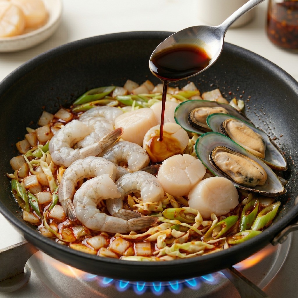 해산물 파스타 양념하기 - 새우, 관자, 홍합 등 해산물에 맛간장과 미림을 넣고 볶는 과정