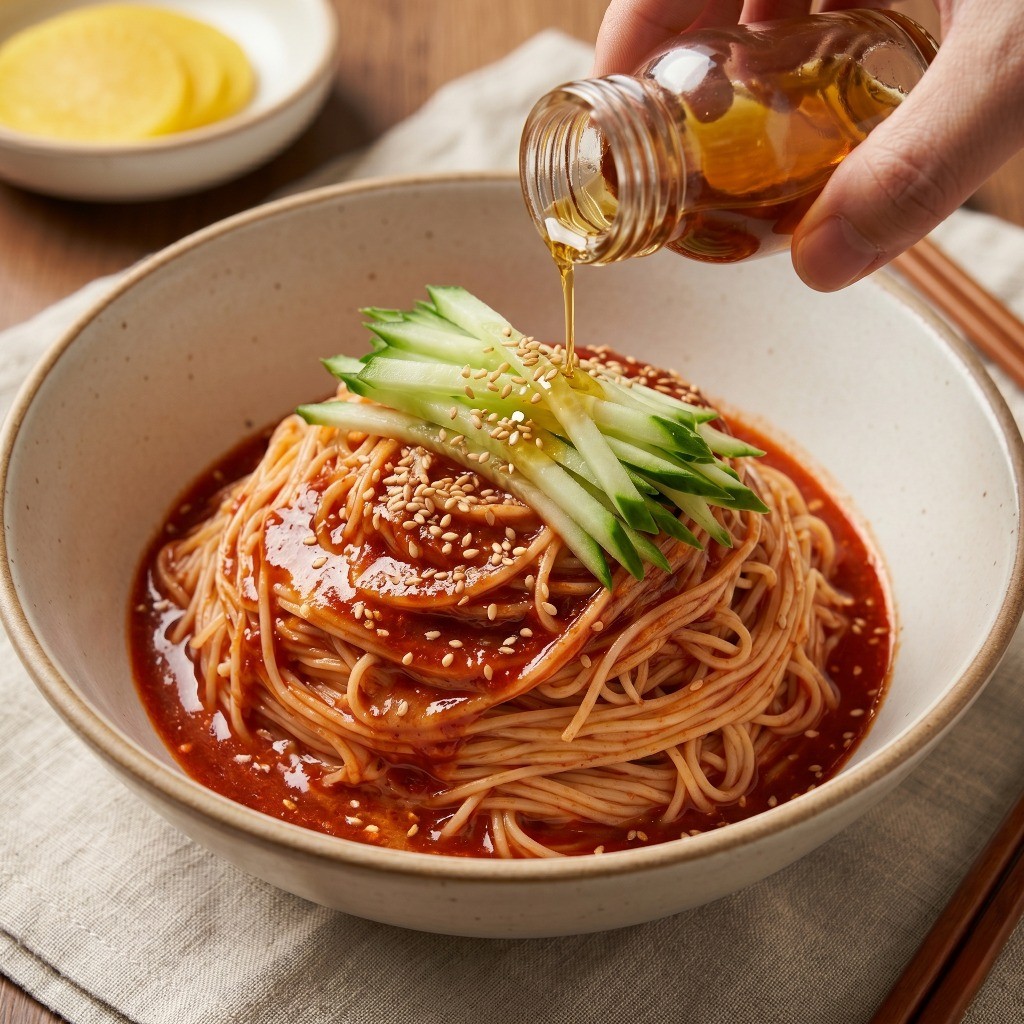 먹음직스럽게 비벼진 땅콩버터 비빔국수 위에 고소한 참기름과 아삭한 오이 고명을 올린 완성작