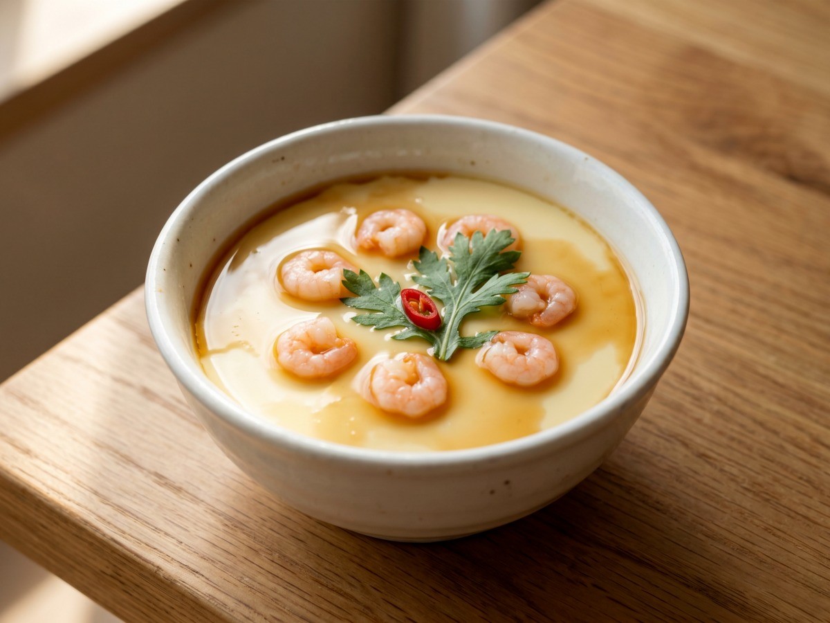 이연복 푸딩 계란찜 레시피 완성 사진 - 새우 고명을 올린 부드러운 일본식 차완무시