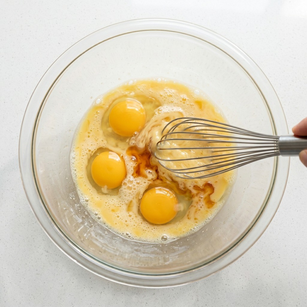 이연복 푸딩 계란찜 만들기 1단계 - 볼에 계란과 물, 참치액, 미림을 넣고 거품기로 섞는 모습