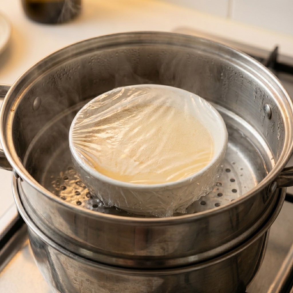 이연복 푸딩 계란찜 만들기 3단계 - 찜기에서 랩을 씌운 그릇을 초미세 약불로 25분간 찌는 모습