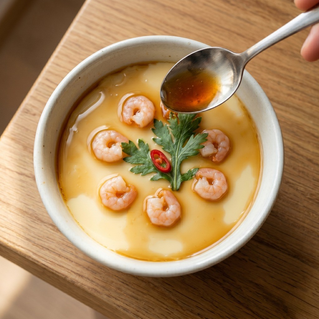 완성된 이연복 푸딩 계란찜 - 찰랑거리는 계란찜 위에 알새우와 쑥갓 고명을 올리고 특제 소스를 붓는 모습