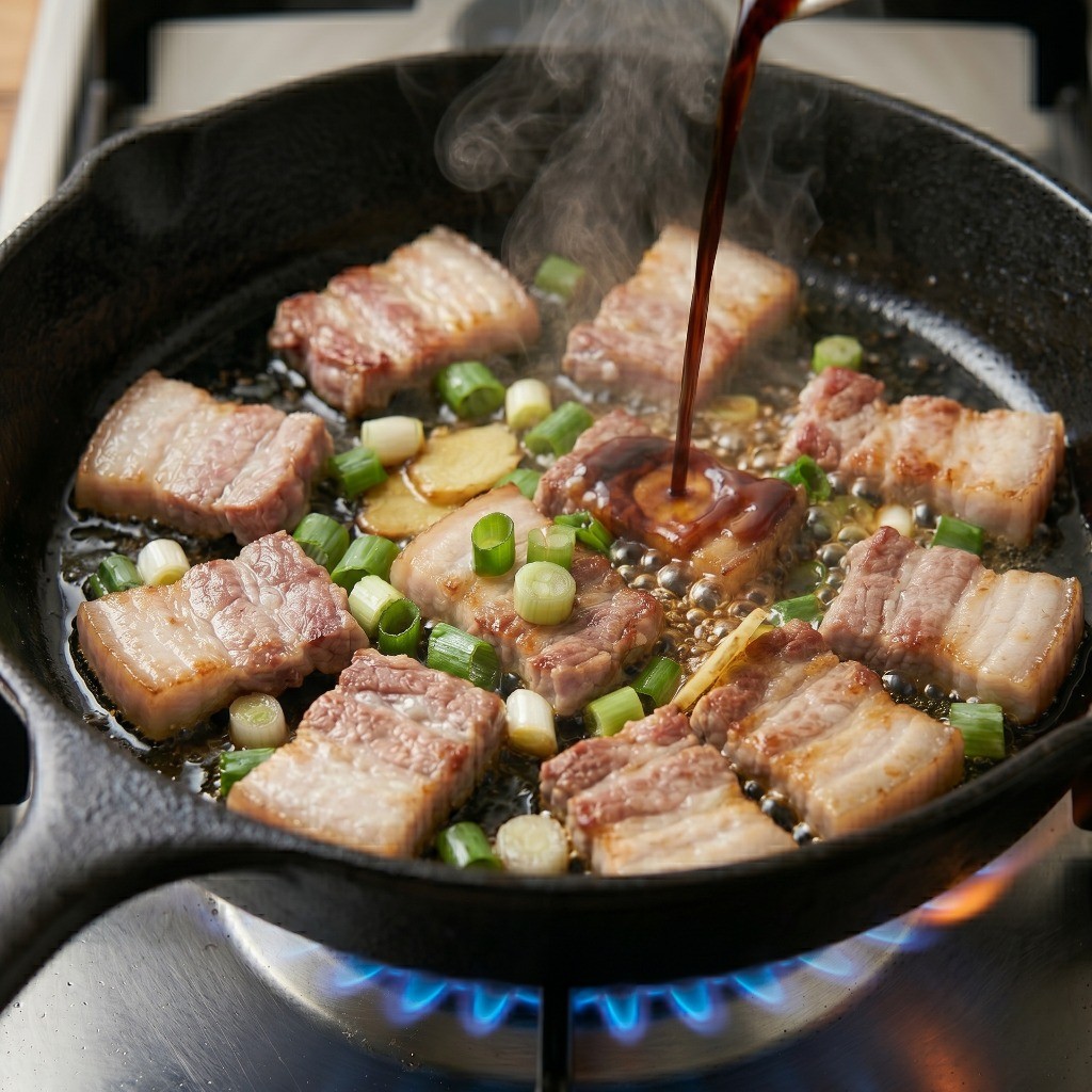 구운 삼겹살에 파, 생강, 맛간장을 넣어 감칠맛 나는 불향을 입히는 요리 과정