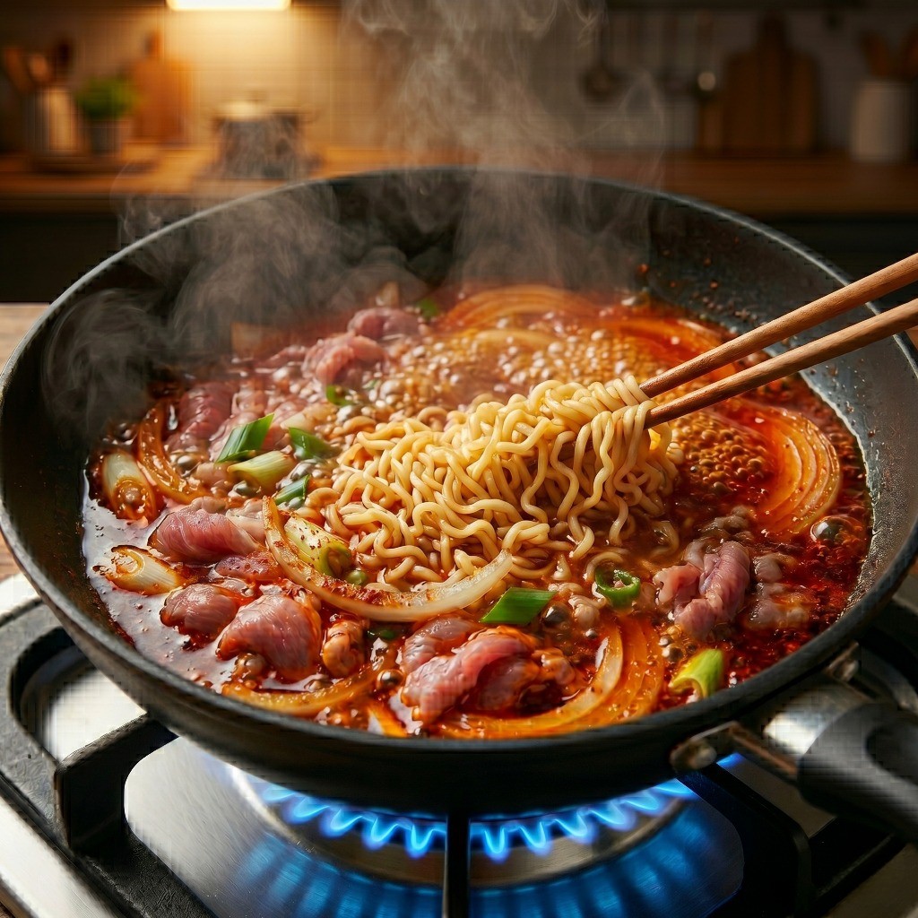 미리 삶아둔 꼬들꼬들한 라면 면발을 얼큰한 돼지고기짬뽕 육수에 넣고 끓여 완성한 요리
