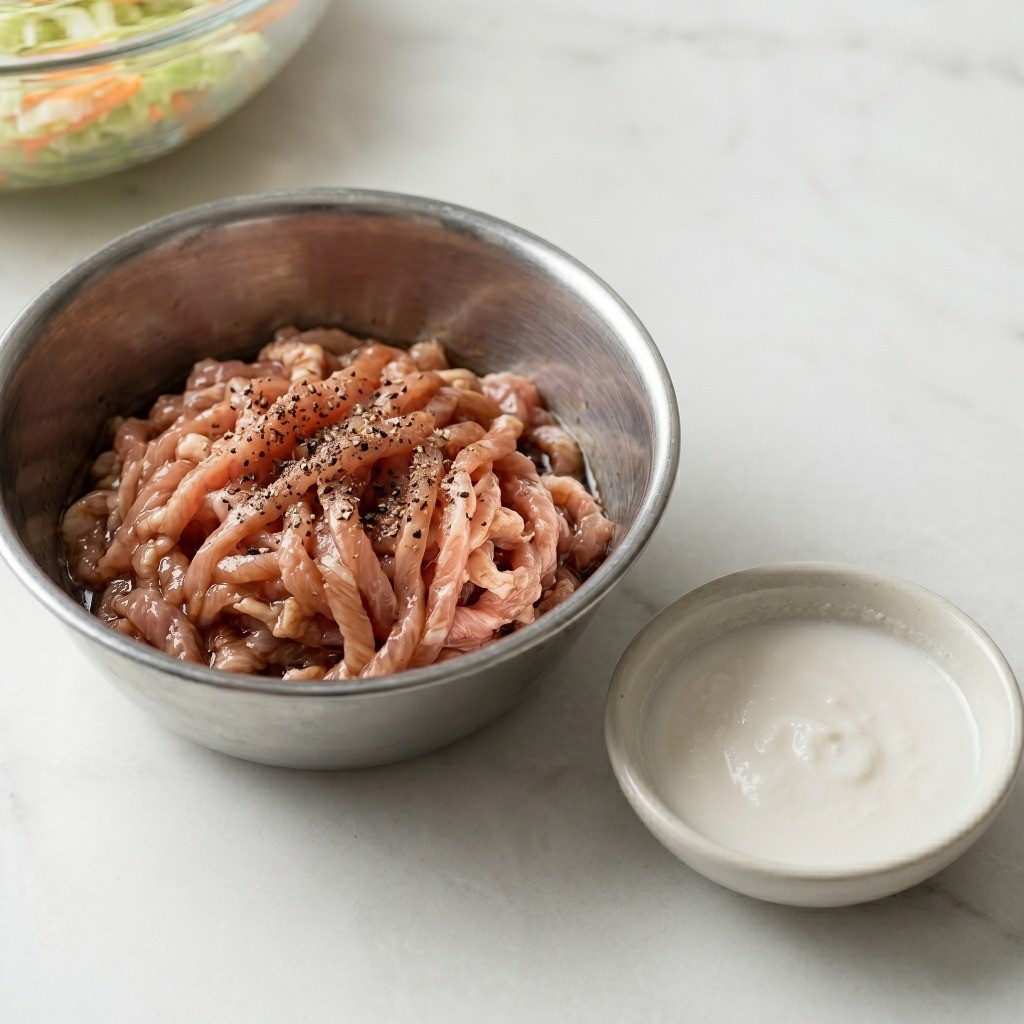 춘권 만들기 3단계: 식용유, 맛간장, 후추로 볶지 않은 생 돼지고기 잡채용 고기 밑간하기