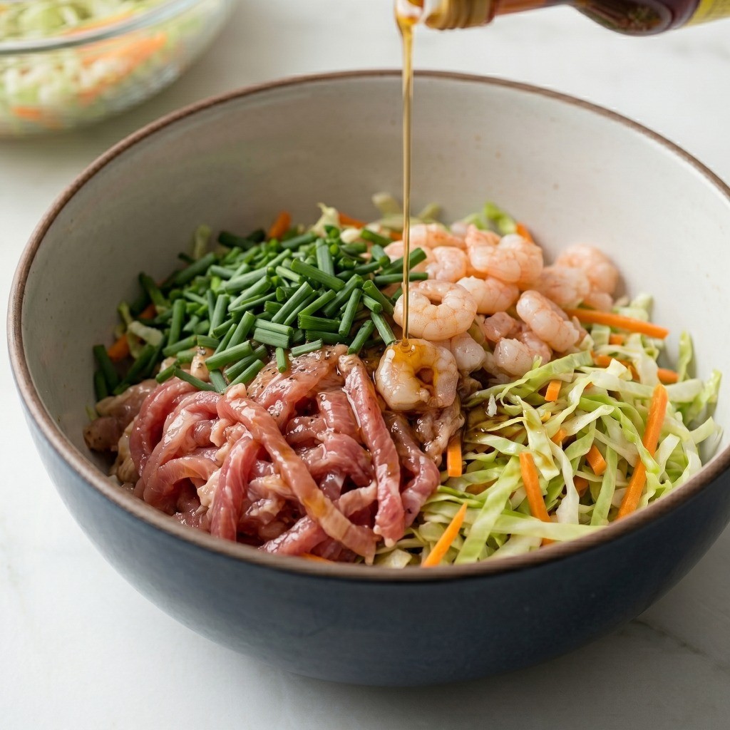 춘권 만들기 4단계: 수분을 뺀 야채와 밑간한 돼지고기, 부추, 새우에 참기름을 넣어 섞은 춘권 속재료
