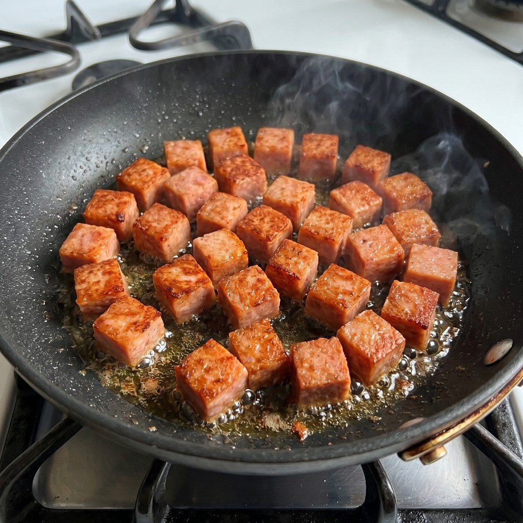 달군 프라이팬에서 스팸을 먼저 노릇노릇하게 볶아 감칠맛을 내는 과정