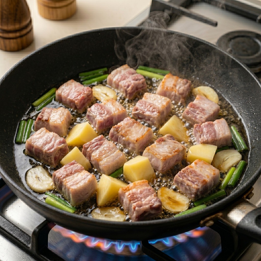 맛간장으로 밑간한 돼지고기에 물과 감자를 넣고 보글보글 끓이는 모습