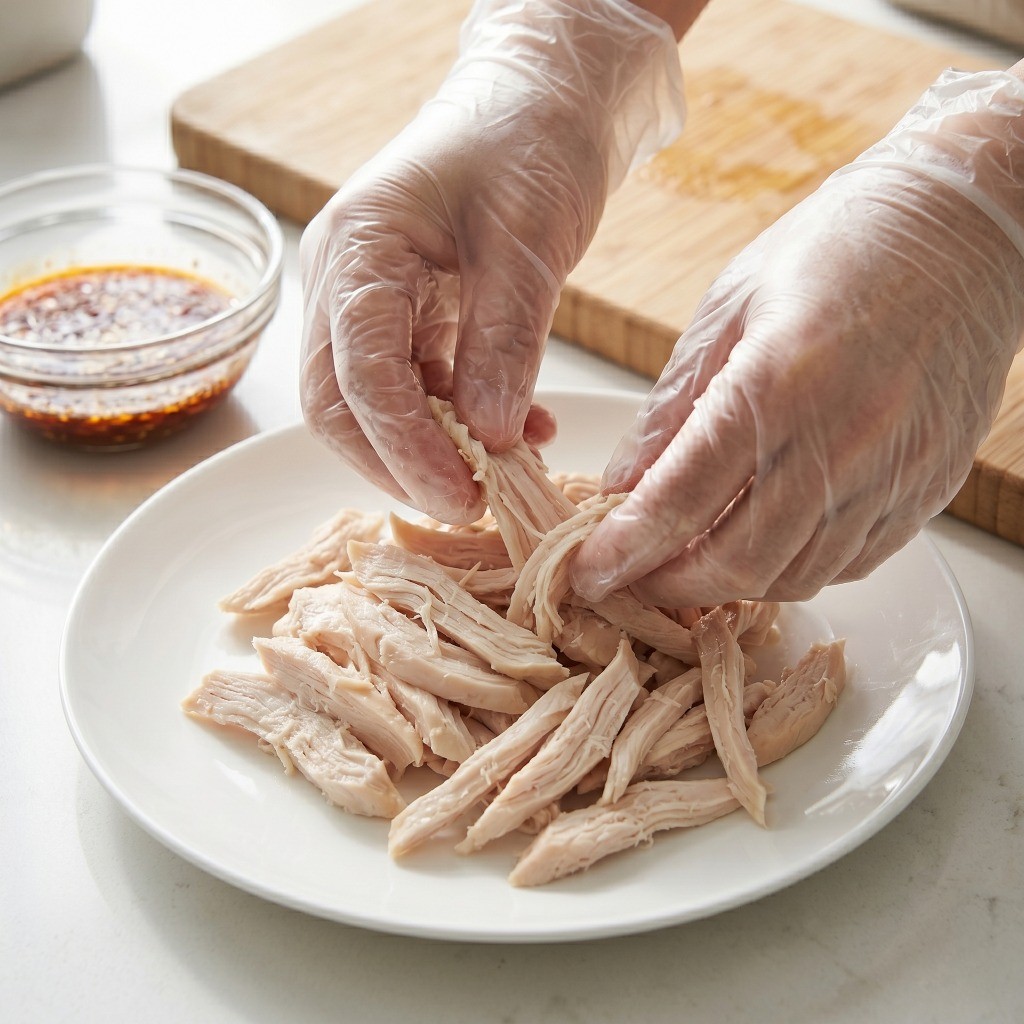 한 김 식힌 삶은 닭가슴살을 손으로 결을 따라 얇게 찢어놓은 모습