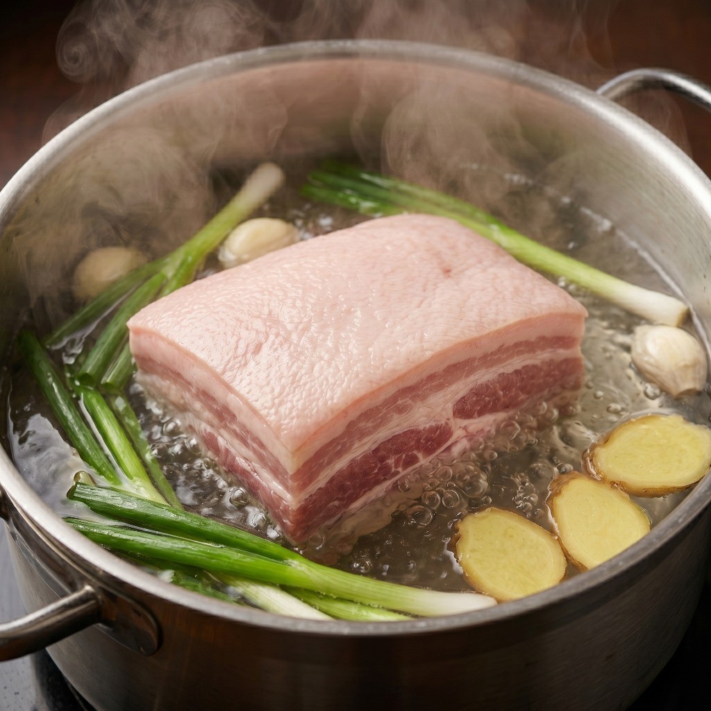 대파, 마늘, 생강을 넣고 통삼겹살을 끓는 물에 1차로 푹 삶는 과정