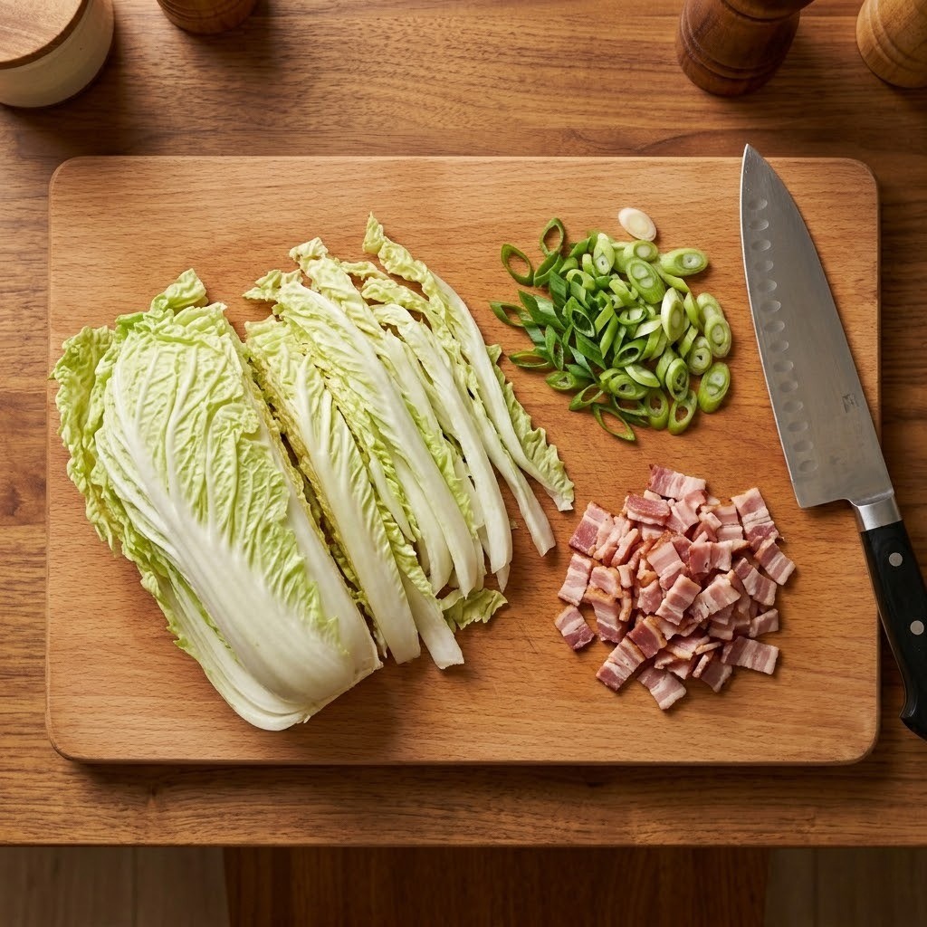 알배추, 대파, 베이컨을 도마 위에서 먹기 좋은 크기로 써는 모습