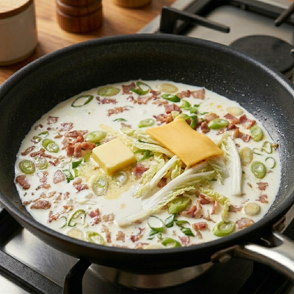 프라이팬에 우유, 생크림, 버터, 체다치즈를 넣고 끓여 크림소스를 만드는 모습